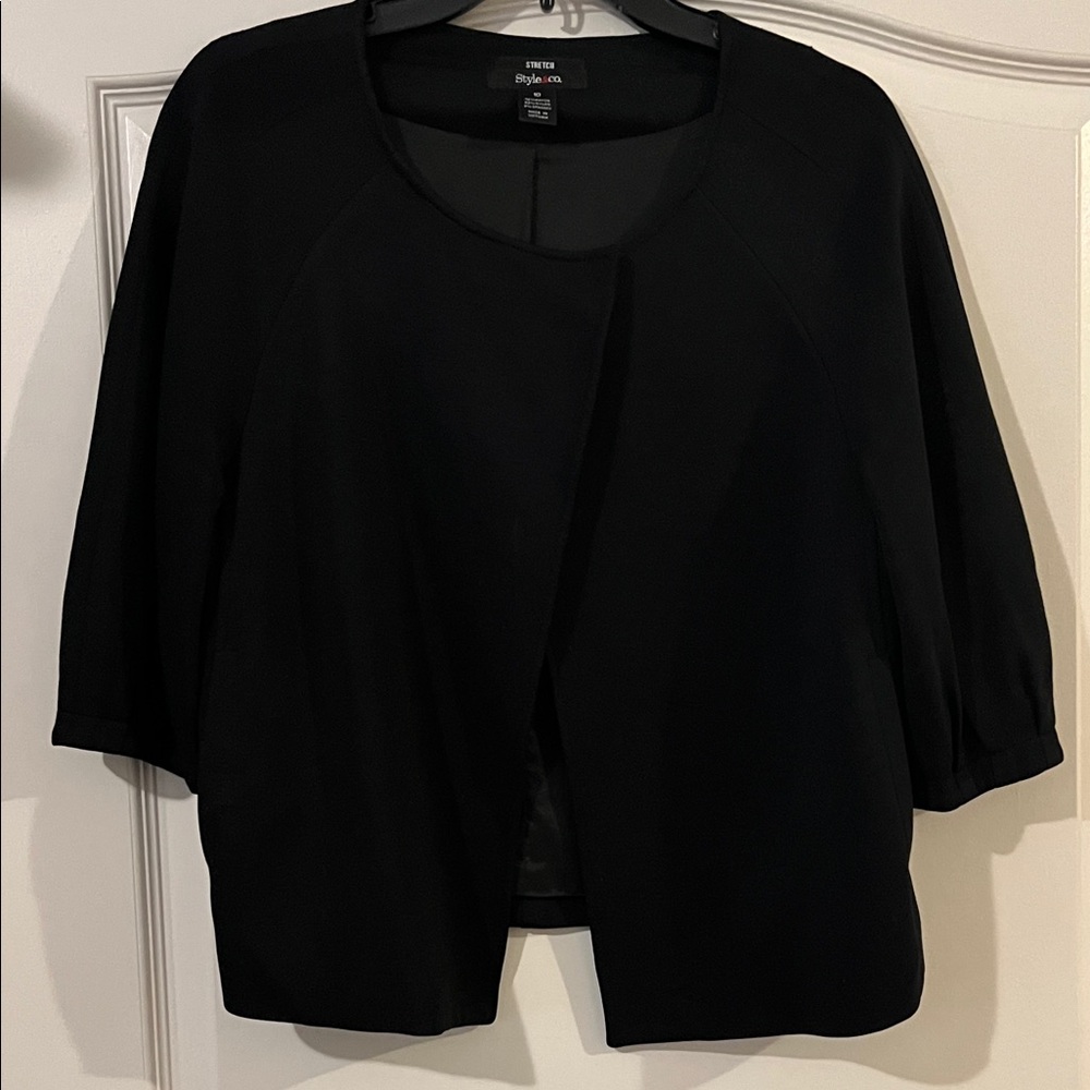 Excellent Condition Style &Co Black Open Front 3/4 Sleeve Fully Lined Jacket
